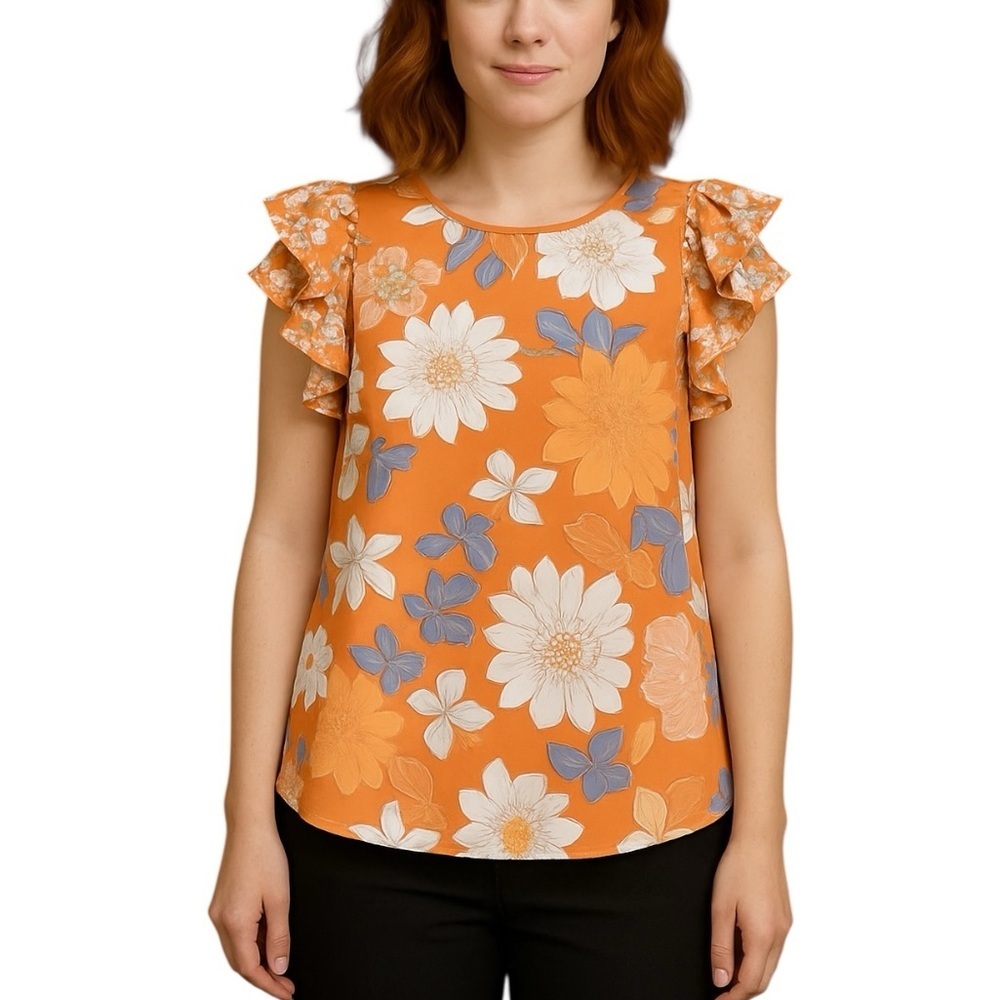 DR2 Large Orange Floral Short Sleeve Ruffle Blouse Feminine Office